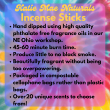 Load image into Gallery viewer, Katie Mae Naturals hand dipped incense sticks information
