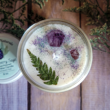 Load image into Gallery viewer, Blackberry sage hand poured soy wax candle with amethyst crystals