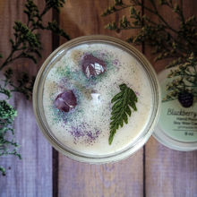 Load image into Gallery viewer, Blackberry sage hand poured soy wax candle with crystals