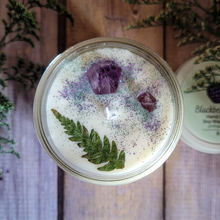 Load image into Gallery viewer, Blackberry sage hand poured soy wax candle with crystals