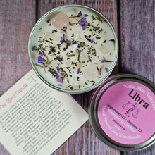 Load image into Gallery viewer, Libra astrology candle with rose quartz