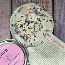 Load image into Gallery viewer, Libra zodiac candle with rose quartz crystals