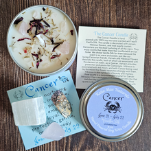 Load image into Gallery viewer, Soy wax candle and crystals for astrology sign cancer