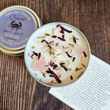 Load image into Gallery viewer, Hand poured soy wax candle with crystals for zodiac sign cancer