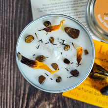 Load image into Gallery viewer, Leo soy candle with tigers eye gemstones