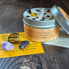 Load image into Gallery viewer, Soy candle and gemstones for zodiac sign Leo
