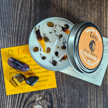 Load image into Gallery viewer, Soy candle and crystal gift set for zodiac sign Leo