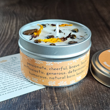 Load image into Gallery viewer, Soy wax candle with crystals for zodiac sign Leo