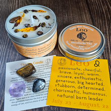 Load image into Gallery viewer, Soy candle and crystals gift set for Leo astrology sign