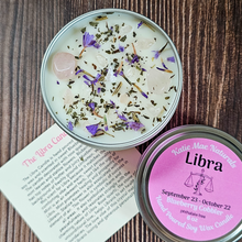 Load image into Gallery viewer, Libra candle with rose quartz crystals