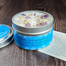 Load image into Gallery viewer, Hand poured soy wax candle with amethyst crystals for zodiac sign Aquarius