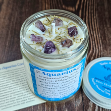 Load image into Gallery viewer, Aquarius candle with amethyst crystals
