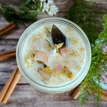 Load image into Gallery viewer, Imbolc candle with smoky quartz and moonstone crystals
