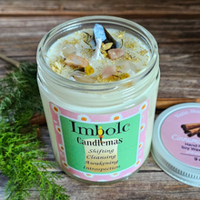 Load image into Gallery viewer, Hand poured soy wax candle with crystals for Imbolc