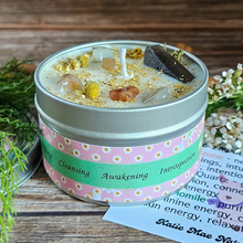 Load image into Gallery viewer, Imbolc soy wax candle with smoky quartz and moonstone crystals