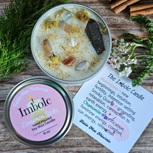 Load image into Gallery viewer, Imbolc soy wax candle with gemstones