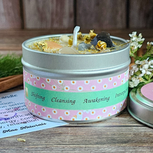 Load image into Gallery viewer, Imbolc candle with smoky quartz and moonstone crystals