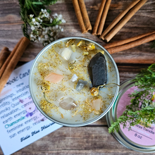 Load image into Gallery viewer, Soy wax candle with crystals for Imbolc Wheel of the Year