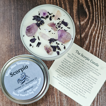 Load image into Gallery viewer, Scorpio soy wax candle with amethyst crystals