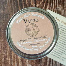 Load image into Gallery viewer, Coconut scented soy candle for zodiac sign Virgo