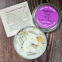 Load image into Gallery viewer, Sagittarius candle with gemstones
