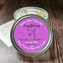 Load image into Gallery viewer, Sagittarius zodiac candle with gemstones
