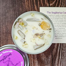 Load image into Gallery viewer, Sagittarius soy candle with crystals