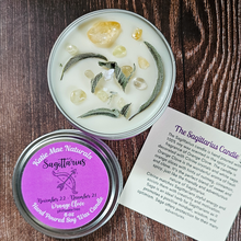 Load image into Gallery viewer, Hand poured soy wax candle with crystals for zodiac sign Sagittarius