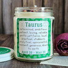 Load image into Gallery viewer, Taurus soy candle with obsidian crystals