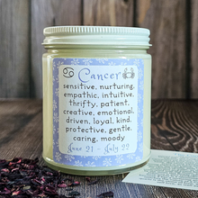 Load image into Gallery viewer, Cancer zodiac candle with rose quartz crystals