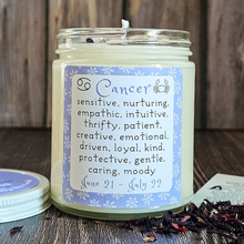 Load image into Gallery viewer, Cancer zodiac candle with rose quartz crystals