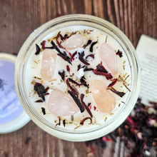 Load image into Gallery viewer, Vanilla Scented soy candle for cancer zodiac sign with rose quartz crystals