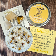 Load image into Gallery viewer, Spy candle and crystals for zodiac sign Gemini