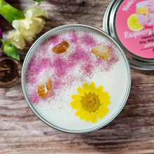 Load image into Gallery viewer, Raspberry lemonade scented soy candle with citrine crystals
