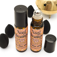 Load image into Gallery viewer, Phthalate Free nag champa fragrance oil roll on perfume in amber glass bottle