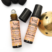 Load image into Gallery viewer, Phthalate Free nag champa fragrance oil roll on perfume in amber glass bottle