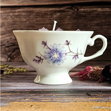 Load image into Gallery viewer, Vintage tea cup candle scented in Blackberry sage with amethyst crystals