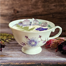 Load image into Gallery viewer, Vintage tea cup candle scented in Blackberry sage with amethyst crystals