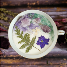 Load image into Gallery viewer, Vintage tea cup candle scented in Blackberry sage with amethyst crystals