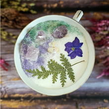 Load image into Gallery viewer, Vintage tea cup candle scented in Blackberry sage with amethyst crystals