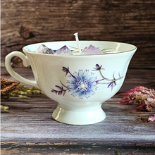 Load image into Gallery viewer, Vintage tea cup candle scented in Blackberry sage with amethyst crystals