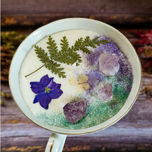Load image into Gallery viewer, Vintage tea cup candle scented in Blackberry sage with amethyst crystals