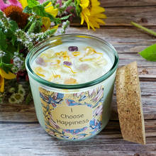 Load image into Gallery viewer, Happiness affirmation intention candle with crystals