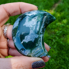 Load image into Gallery viewer, Moss Agate Carved Gemstone Moon - 2.5 inches