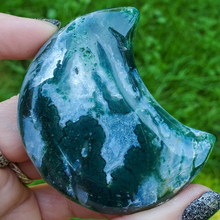 Load image into Gallery viewer, Moss Agate Carved Gemstone Moon - 2.5 inches