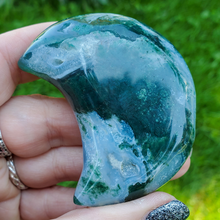 Load image into Gallery viewer, Moss Agate Carved Gemstone Moon - 2.5 inches