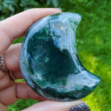 Load image into Gallery viewer, Moss Agate Carved Gemstone Moon - 2.5 inches