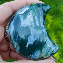 Load image into Gallery viewer, Moss Agate Carved Gemstone Moon - 2.5 inches