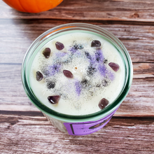 Load image into Gallery viewer, Halloween seasonal scented soy wax candle with crystals and glitter