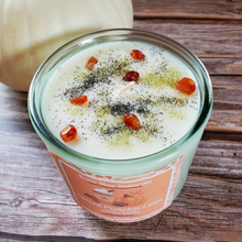Load image into Gallery viewer, Pumpkin spice scented soy wax candle with crystals and glitter
